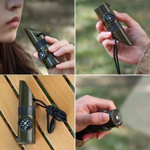 BUFFER® 7si 1arada Acil Durum Düdüğü,El Feneri, Termometre,Pusula,Büyüteç,Depolama Bölmeli Kampçı Düdüğü - Resim 5