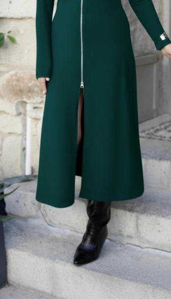 Lucky Life Kadın  Uzun Kollu önden Fermuarlı Ithal Krep Elbise - Resim 4