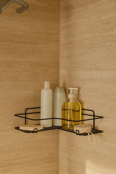Siyah L Köşelik Kancalı Banyo Rafı, Dayanıklı Paslanmaz, Duş Şampuanlık, Köşe Düzenleyici Raf (Tekli) - Resim 5