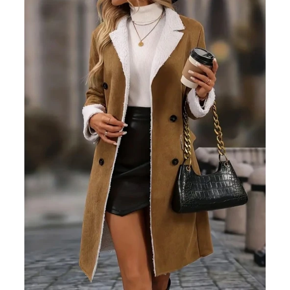 Lucky Life Kadın Uzun Kollu Yakalı Düğmeli Süet Mini Manto - 2