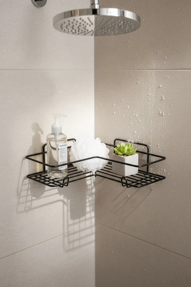 Siyah L Köşelik Kancalı Banyo Rafı, Dayanıklı Paslanmaz, Duş Şampuanlık, Köşe Düzenleyici Raf (Tekli) ürün görseli