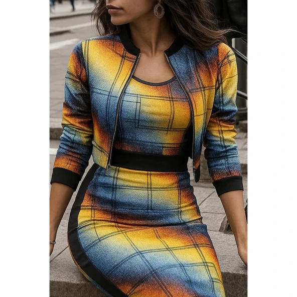 Lucky Life Kadın Uzun Kollu Askılı Yuvarlak Yaka Desenli Dalgıç Bluz Ceket Ve Etek üçlü Takım ürün görseli 1