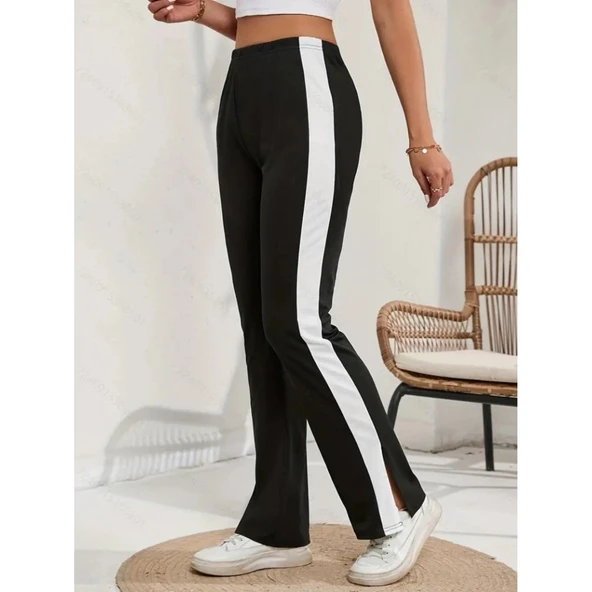 Lucky Life Lucky Life Kadın Yüksek Bel Yan şerit Detaylı Yırtmaçlı Viskon Iki Iplik Pantolon ürün görseli