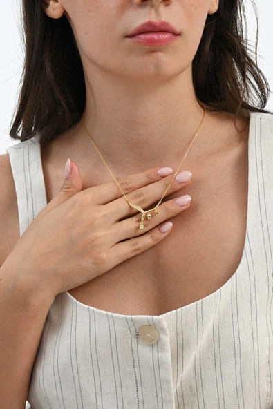 925 Ayar gümüş altın yaldızlı zirkon taşlı sarkan laleler tomurcuk kolye SGTL13092GOLD - Resim 3