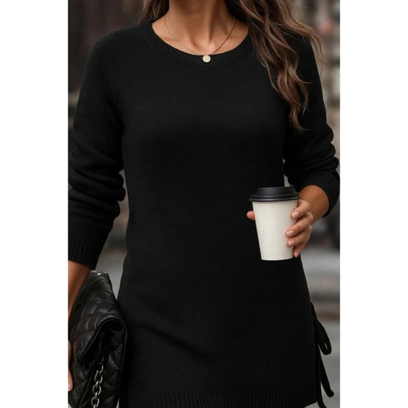 Lucky Life Kadın Uzun Kollu Yuvarlak Yakalı Yanlardan Bağcıklı Triko Bluz