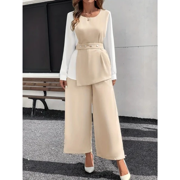 Lucky Life Lucky Life Kadın Uzun Kollu Açık Yakalı çift Renkli Kemerli Ithal Krep Ikili Takım - 4