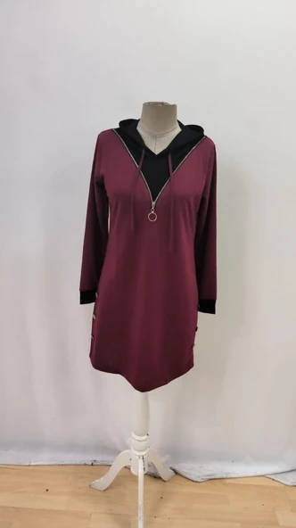 Lucky Life Kadın  Uzun Kollu Kapşonlu önden Fermuarlı Düğmeli Mini Iki Iplik Elbise - Resim 4