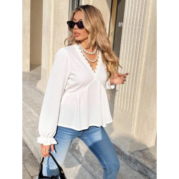 Lucky Life Lucky Life Kadın Uzun Kollu V Dantel Yaka Aerobin Bluz - 2