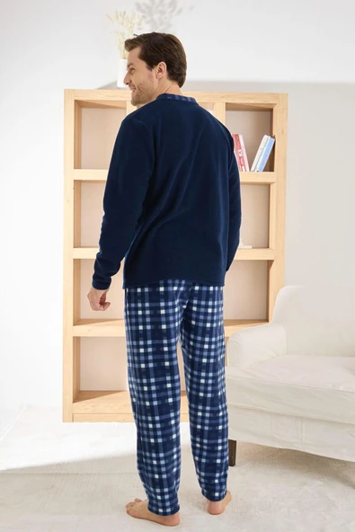 Pijamoni Erkek Düğme Yaka Kışlık Polar Pijama Takımı 6100/8,1 - 1 Adet  M Lacivert - Resim 3