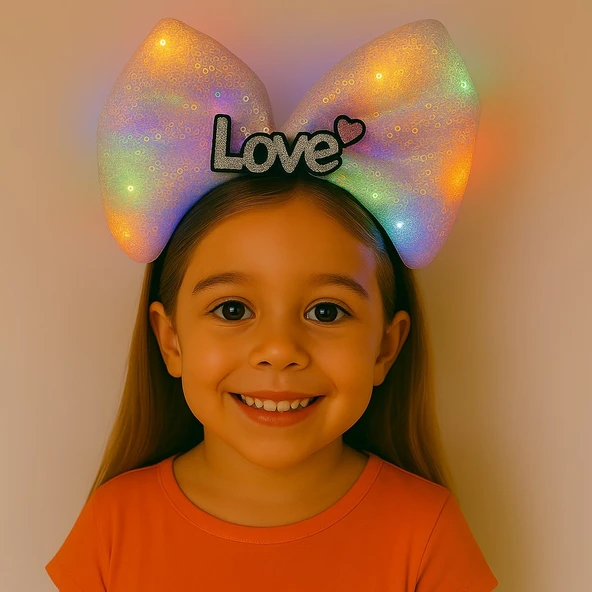 LED Işıklı Love Yazılı Pembe Fiyonk Taç - Kız Çocuk Parti Tacı ürün görseli