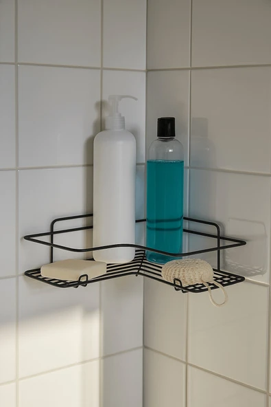 Siyah L Köşelik Kancalı Banyo Rafı, Dayanıklı Paslanmaz, Duş Şampuanlık, Köşe Düzenleyici Raf (Tekli) - Resim 2