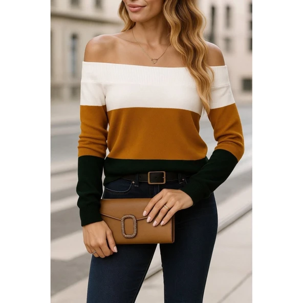 Lucky Life Lucky Life Kadın Uzun Kollu Omuzlardan Açık Uzun Kollu Blok çizgili Triko Bluz - 3