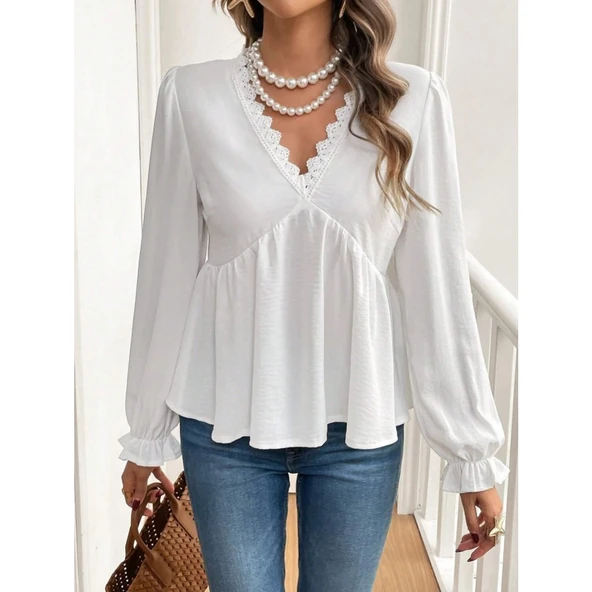 Lucky Life Lucky Life Kadın Uzun Kollu V Dantel Yaka Aerobin Bluz - 3