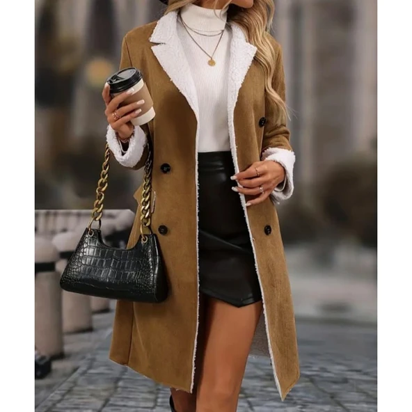 Lucky Life Kadın Uzun Kollu Yakalı Düğmeli Süet Mini Manto - 4