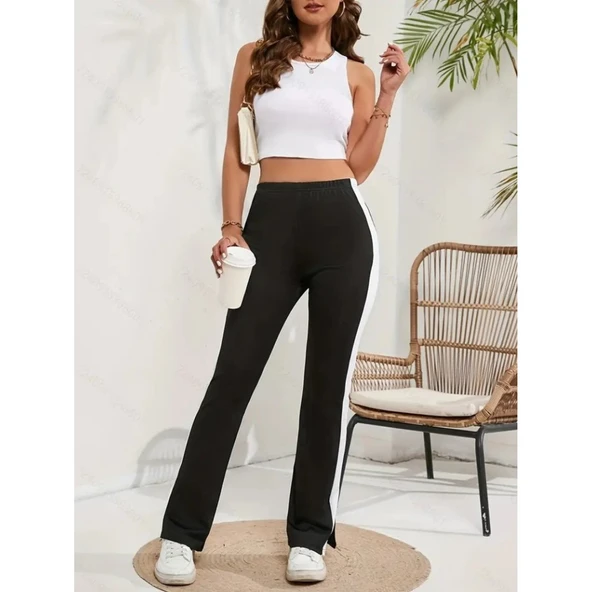 Lucky Life Lucky Life Kadın Yüksek Bel Yan şerit Detaylı Yırtmaçlı Viskon Iki Iplik Pantolon - Resim 3