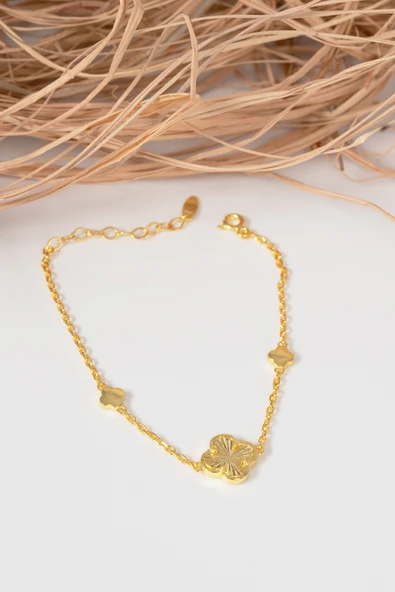 925 ayar gümüş altın yaldızlı lazer işlemeli sonsuz şans yonca bileklik SGTL13064GOLD - Resim 4