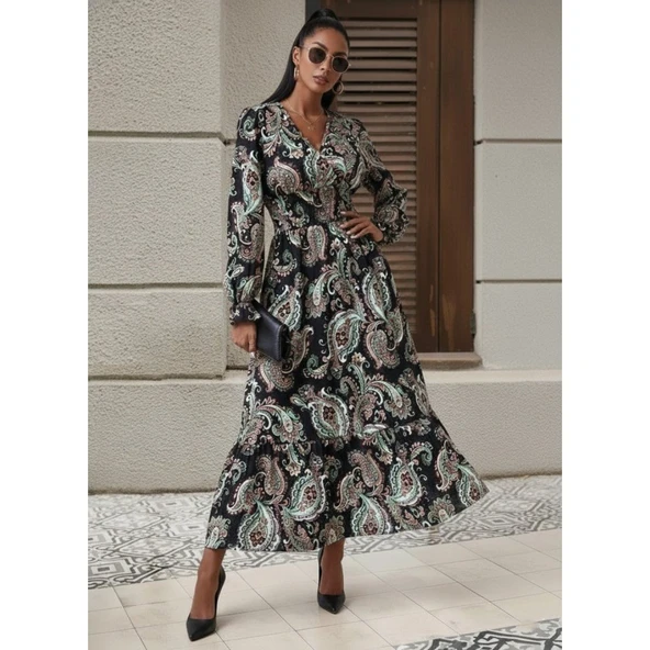 Lucky Life Kadın Uzun Kollu Kruvaze Yaka Beli Lastikli Uzun Desenli Maxi Elbise - 2