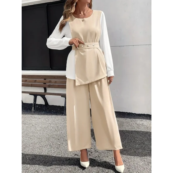 Lucky Life Lucky Life Kadın Uzun Kollu Açık Yakalı çift Renkli Kemerli Ithal Krep Ikili Takım - 2