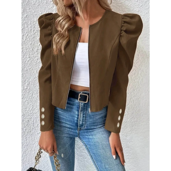 Lucky Life Kadın Uzun Kollu önden Fermuarlı Balon Kol Süet Ceket - 4