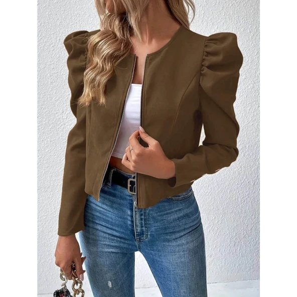 Lucky Life Kadın Uzun Kollu önden Fermuarlı Balon Kol Süet Ceket - 2