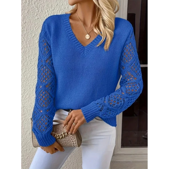 Lucky Life Lucky Life Kadın Uzun Kollu V Yaka Kol Delikli Baklava Desen Detaylı Triko Kazak