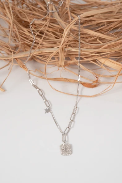 925 Ayar gümüş rodyumlu zirkon taşlı ataç zincir detaylı künye modeli kuzey yıldızı kolye SGTL13091RODAJ - Resim 4