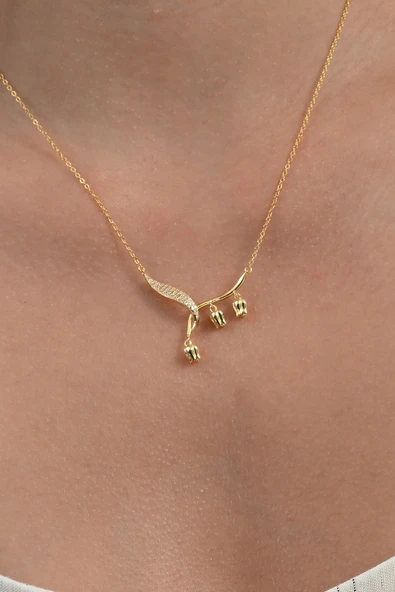 925 Ayar gümüş altın yaldızlı zirkon taşlı sarkan laleler tomurcuk kolye SGTL13092GOLD - Resim 2