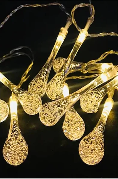 10 Led 2 Metre Sarı Kristal Su Damlası Güneş Enerjili Led Işık Solar Bahçe Ağaç Lamba Aydınlatması - Resim 2