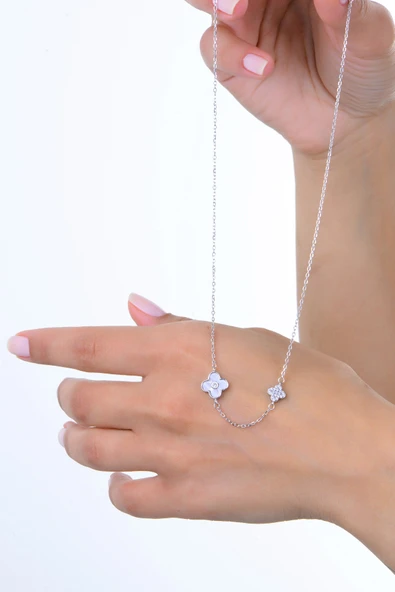 Gümüş rodyumlu zirkon ve sedef taşlı double şans yonca kolye SGTL12967RODAJ - Resim 2