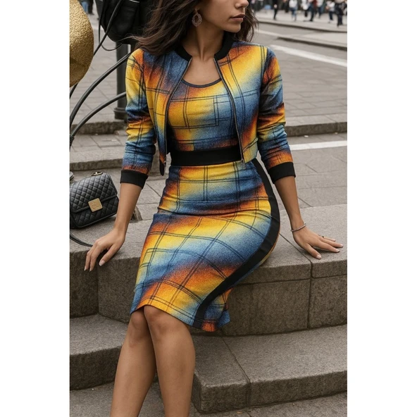 Lucky Life Kadın Uzun Kollu Askılı Yuvarlak Yaka Desenli Dalgıç Bluz Ceket Ve Etek üçlü Takım - Resim 2