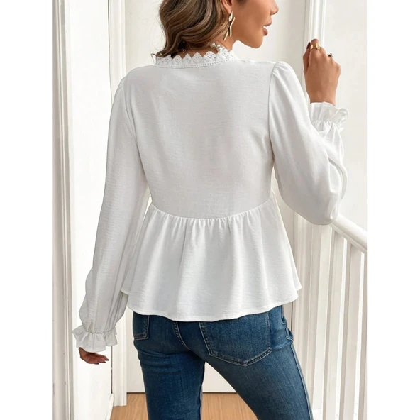 Lucky Life Lucky Life Kadın Uzun Kollu V Dantel Yaka Aerobin Bluz - 5