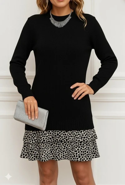 Lucky Life Kadın Uzun Kollu üst şardonlu Kaşkorse Alt Süprem Desenli Elbise - Resim 3