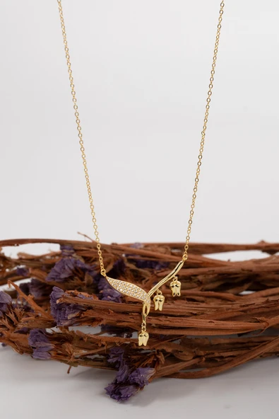 925 Ayar gümüş altın yaldızlı zirkon taşlı sarkan laleler tomurcuk kolye SGTL13092GOLD - Resim 4