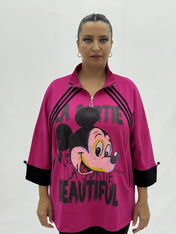 Büyük Beden Mickey Baskılı Taş Detaylı Hakim Yaka Fermuarlı Kadın Sweat - Resim 6