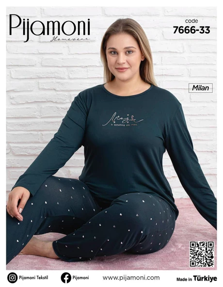 Pijamoni Kadın Milan Büyük Beden Bisiklet Yaka Uzun Kol İnce Pijama Takımı 7666/33 - 1 Adet  4XL Petrol - Resim 2