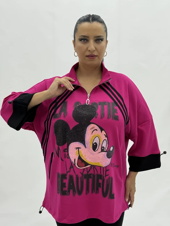 Büyük Beden Mickey Baskılı Taş Detaylı Hakim Yaka Fermuarlı Kadın Sweat - Resim 7