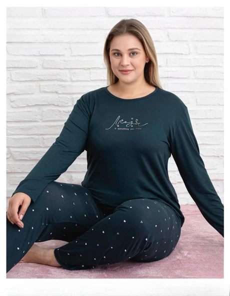 Pijamoni Kadın Milan Büyük Beden Bisiklet Yaka Uzun Kol İnce Pijama Takımı 7666/33 - 1 Adet  4XL Petrol ürün görseli