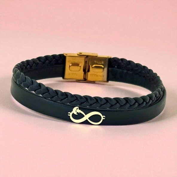 14 Ayar Altın Plakalı Ay Yıldız Temalı Sonsuzluk Motifli Doğal Koyu Yeşil Derili Hediye Bileklik-782 ürün görseli