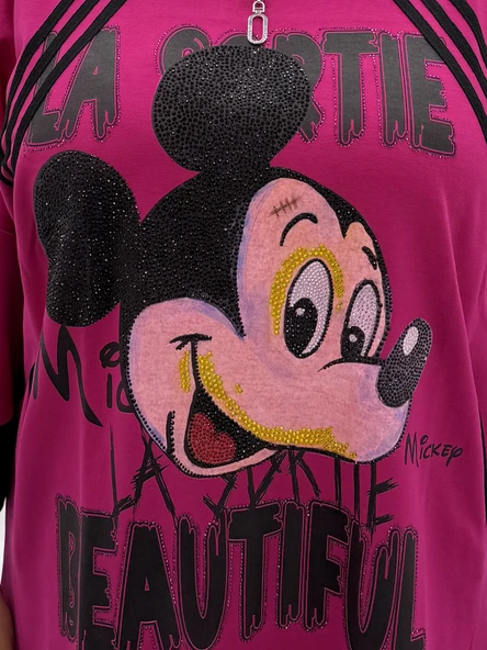 Büyük Beden Mickey Baskılı Taş Detaylı Hakim Yaka Fermuarlı Kadın Sweat - Resim 11