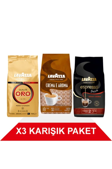 LavAzza Qualità Oro + Crema E Aramo + Espresso Barista Gran Crema Çekirdek Kahve (1000gr) 3'Lü Paket