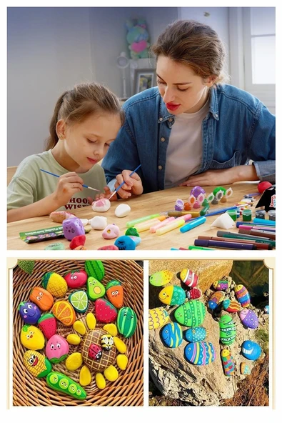 Taş Boyama Seti 1 Paket Taş Boyama Hobi Doğal Taş Akrilik Boya Fırça Çocuklar İçin Sanat ve El Sanatları - 2