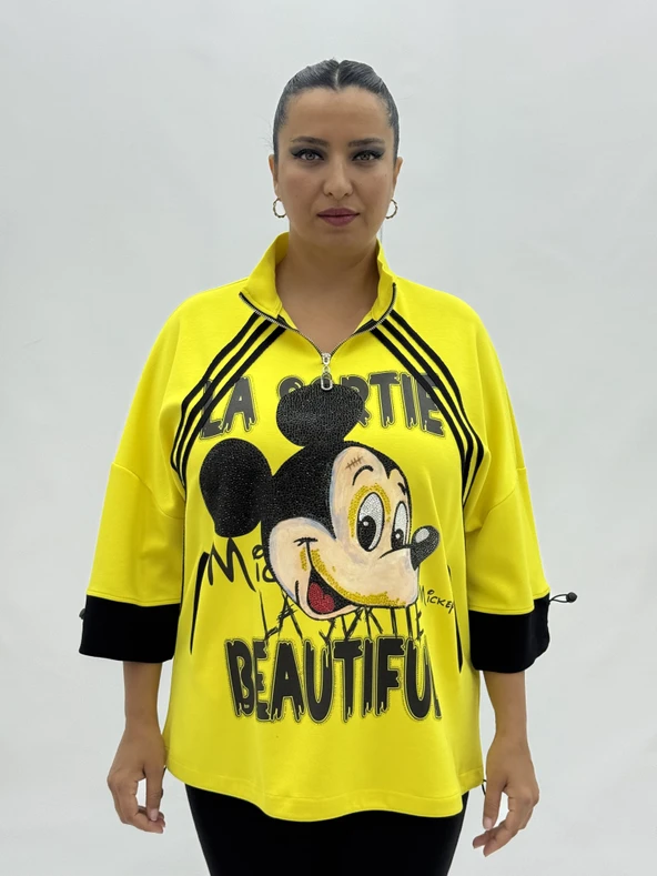 Büyük Beden Mickey Baskılı Taş Detaylı Hakim Yaka Fermuarlı Kadın Sweat ürün görseli