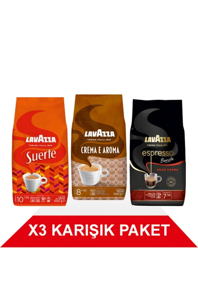 LavAzza Suerte + Crema E Aramo + Espresso Barista Gran Crema Çekirdek Kahve (1000gr) 3'Lü Paket