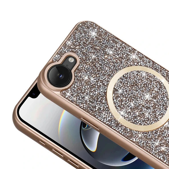 iPhone 16E Uyumlu Kılıf Pırlanta Tasarımlı M-safe Şarj Özellikli Silikon Kapak - Resim 7
