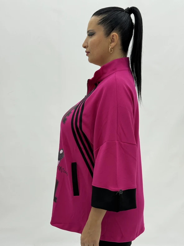 Büyük Beden Mickey Baskılı Taş Detaylı Hakim Yaka Fermuarlı Kadın Sweat - Resim 8