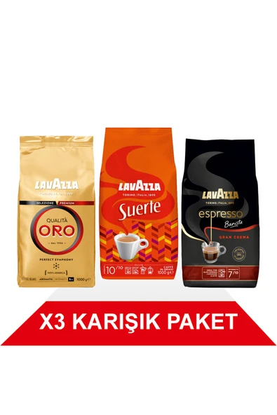 LavAzza Qualità Oro + Suerte + Espresso Barista Gran Crema Çekirdek Kahve (1000gr) 3'Lü Paket