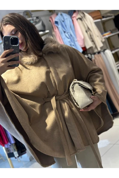 PNÇO0001 Seyyar Bağlamalı Kürk Detaylı Panço - Resim 5