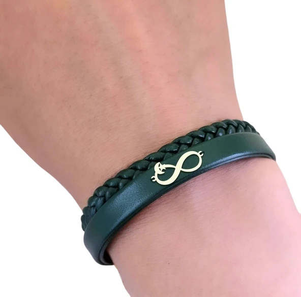 14 Ayar Altın Plakalı Ay Yıldız Temalı Sonsuzluk Motifli Doğal Koyu Yeşil Derili Hediye Bileklik-782 - Resim 3