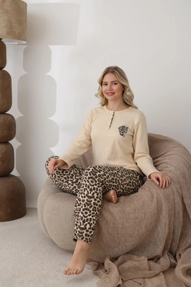 Lindros Kadın Pamuk'lu Düğme Yaka Raporlu İnterlok KIŞLIK Pijama Takımı 06043 - 1 Adet   Ekru S - M - Resim 5