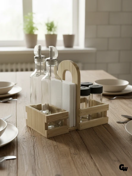 Ahşap Doğal Baharatlık Yağdanlık ve Peçetelik Takımı(SET)(KAVAK-IHLAMUR) Ahşap Rengi 10 SET - Resim 2